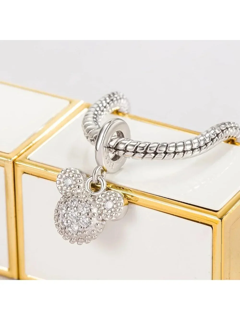 925 Silver Snake Chain Bracelet with Cute Bear Pendant - Adjustable 6.3-9''